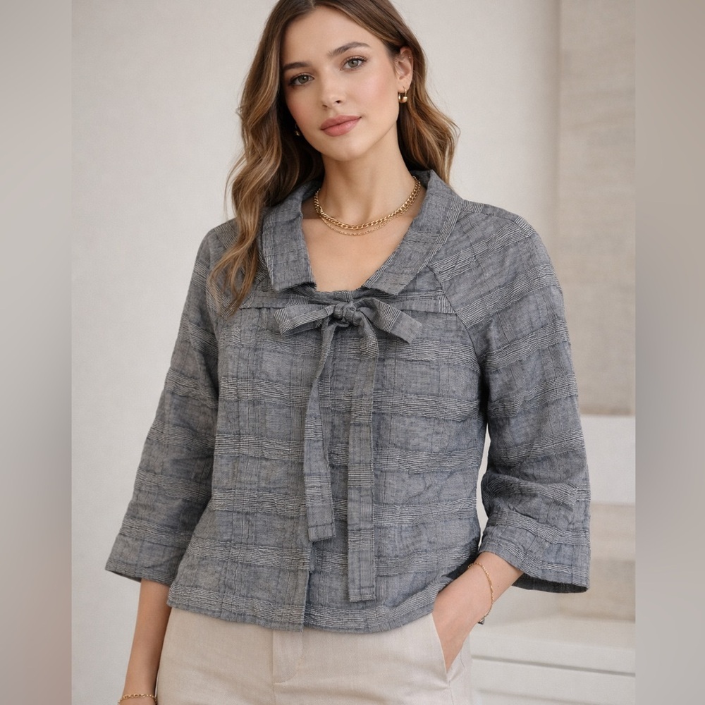 Poleci Gray Plaid Cropped Jacket Blouse Tie Front Lace Back Size 8